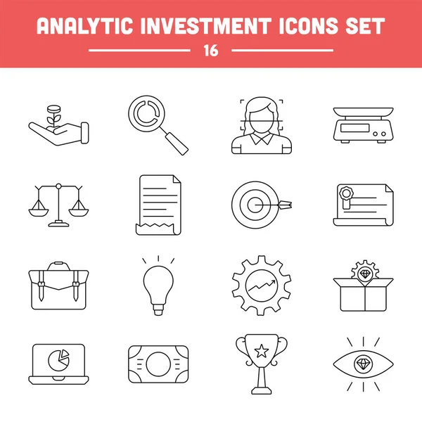 Black Line Art Set Analytic Investment Icon Flat Style — Archivo Imágenes Vectoriales