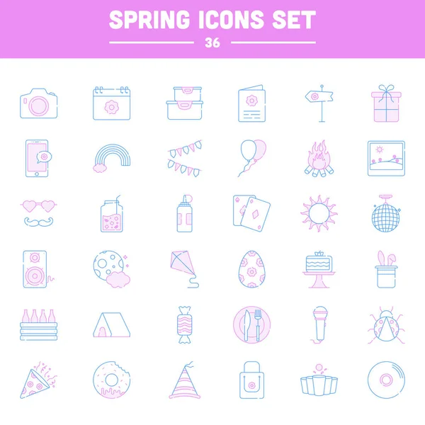 Blue Pink Thin Line Art Spring Icon Set — Vector de stock