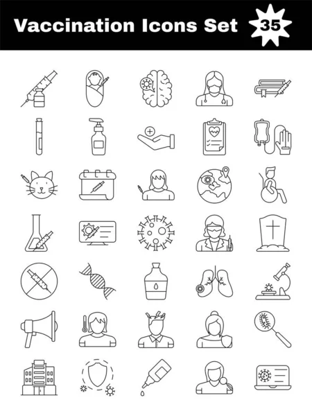 Black Line Art Set Vaccination Icon Flat Style — Archivo Imágenes Vectoriales