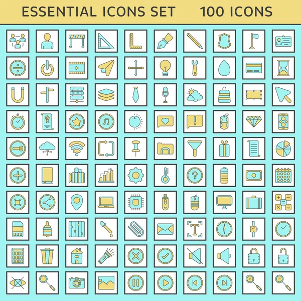 Бірюзовий Жовтий Кольори Набір 100 Істотних Іконів Плоскому Стилі — стоковий вектор