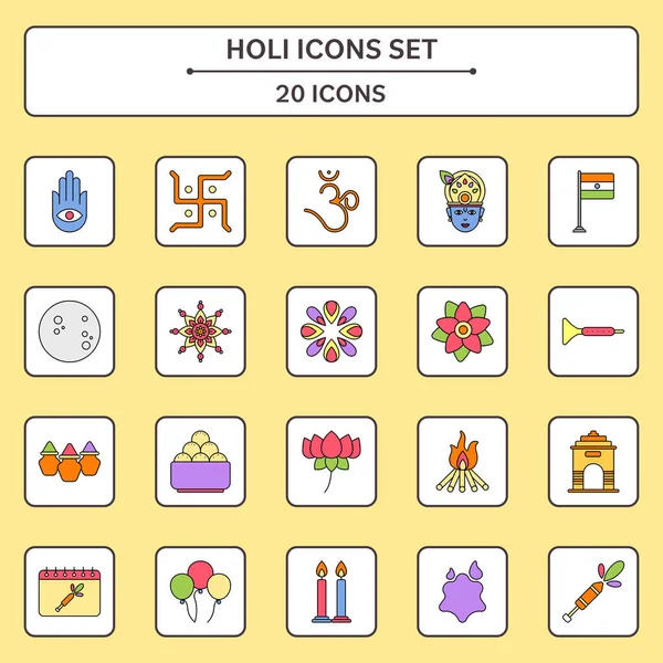 Flat Style Holi Icon Set Yellow White Square Background — ストックベクタ