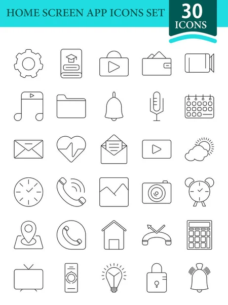 Inicio Iconos Aplicación Pantalla Conjunto Símbolos Trazo Negro — Vector de stock