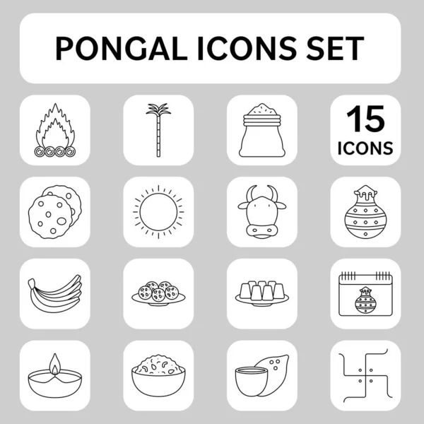 Black Outline Pongal Icon Set White Grey Sqaure Background — ストックベクタ