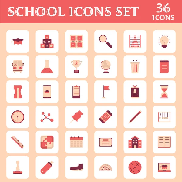 Flat Style School Icon Set Peach White Square Background — 스톡 벡터