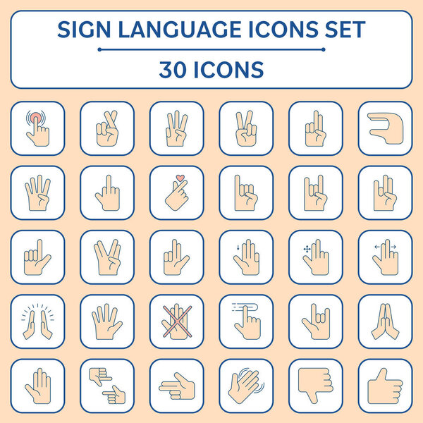 Flat Style 30 Hand Sign Language Icon Or Symbol Set.