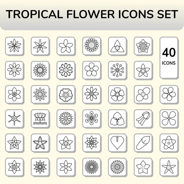 Tropical Flower Linear Icon Set Flat Style — ストックベクタ