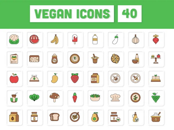 Set Colorato Vegan Icona Piatta Sfondo Quadrato — Vettoriale Stock