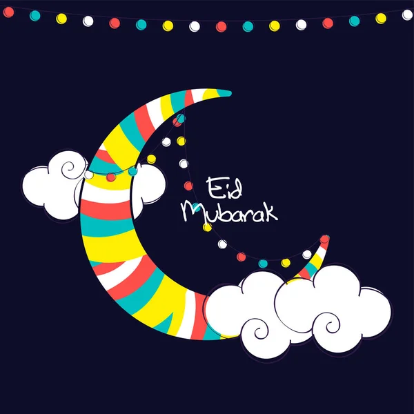 Поздравительная Открытка Мубарака Разноцветной Луной Полумесяца Облаками Синем Фоне — стоковый вектор