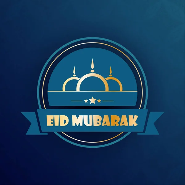 Golden Eid Mubarak Font Linear Mosque Dome Stars Blue Background — Stockvektor