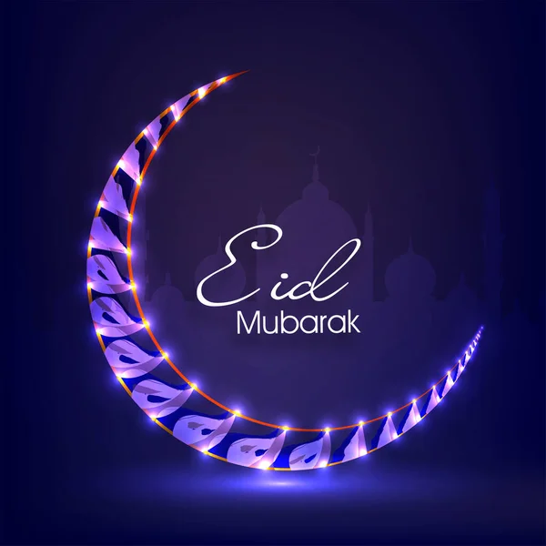 Eid Mubarak Celebration Concept Lighting Crescent Moon Blue Silhouette Mosque — Stockvektor