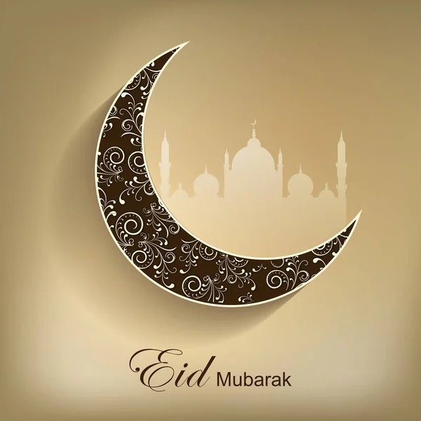 Eid Mubarak Greeting Card Ornament Crescent Moon Brown Silhouette Mosque — Vector de stock
