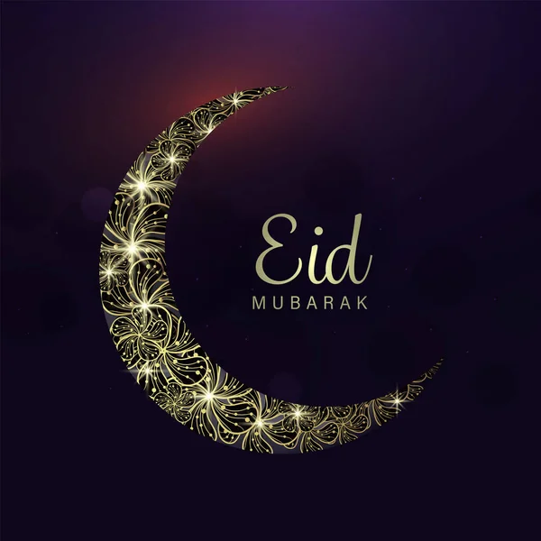 Eid Mubarak Concept Floral Crescent Moon Lights Effect Dark Purple — Vetor de Stock