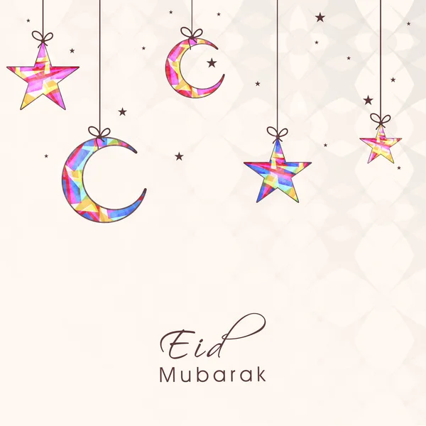 Eid Mubarak Greeting Card Decorated Colorful Crescent Moons Stars Hang — Stockvector