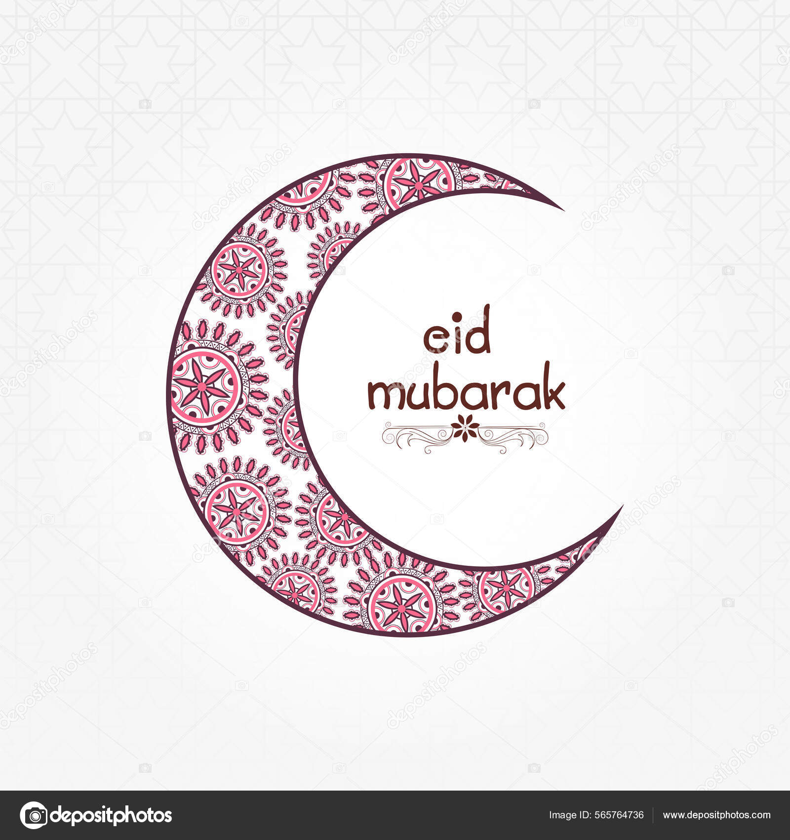 Eid Mubarak Greeting Card Mandala Pattern Crescent Moon White.