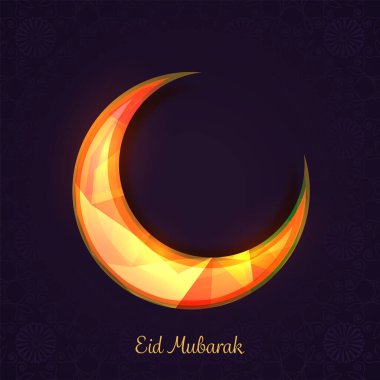 Eid Mubarak Concept With Orange Crescent Moon On Dark Purple Mandala Pattern Background.