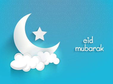 Eid Mubarak Greeting Card With Crescent Moon, Star And Clouds On Blue Mandala Pattern Background. clipart