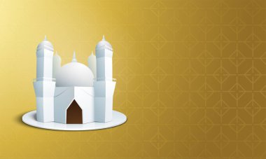 Origami Kağıt Camii ile Sarı İslami Desen Arkaplanı ve Boşluğu Kopyala.