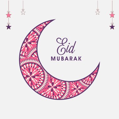Mandala deseninde Hilal Ay ile Mübarek Kurban Yazı Tipi ve Yıldızlar Beyaz Arkaplanda.