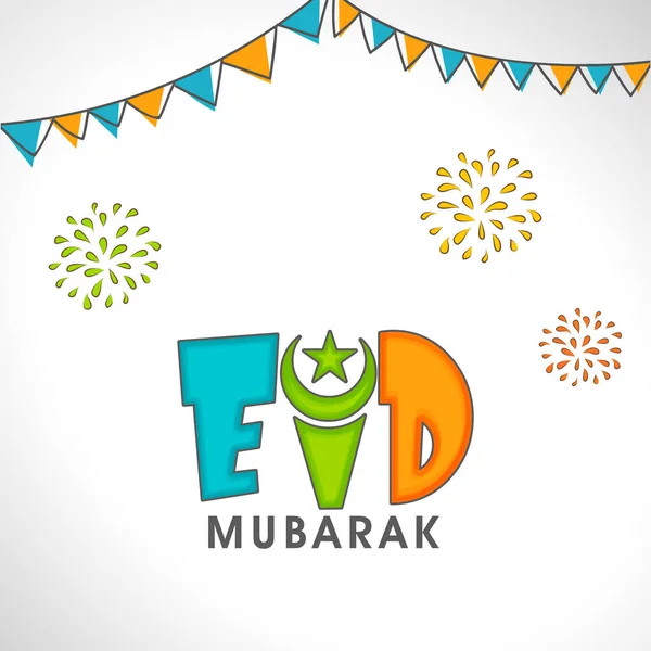 Colorful Eid Mubarak Font Crescent Moon Star Bunting Flags Decorated — Archivo Imágenes Vectoriales