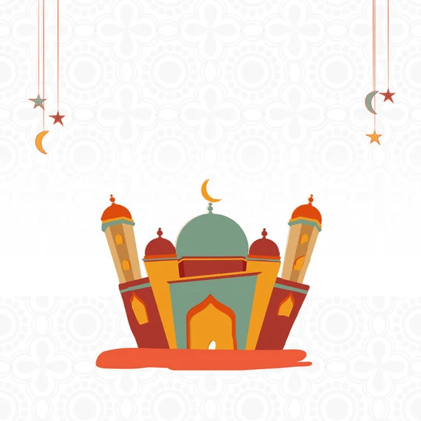 具有清真寺图解 星辰挂在白花背景的伊斯兰节庆概念 — 图库矢量图片
