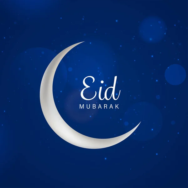 Eid Mubarak Font Med Halvmåne Blå Bokeh Ljus Effekt Bakgrund — Stock vektor