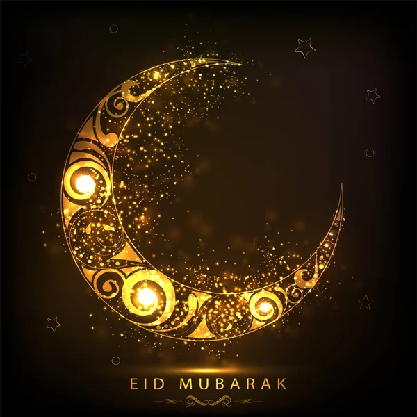 Eid Mubarak Font Flourish Crescent Moon Lights Effect Stars Brown — Vetor de Stock