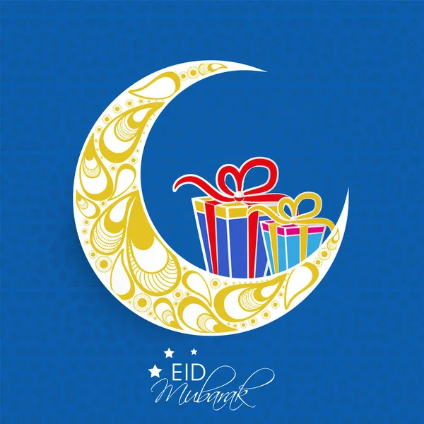 Eid Mubarak Greeting Card Crescent Moon Paisley Arc Drops Gift — Vetor de Stock