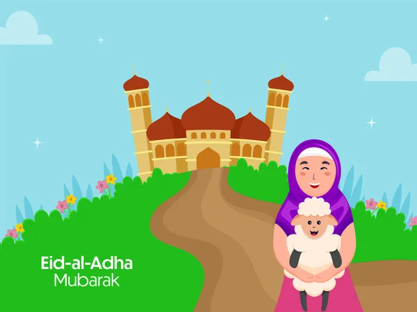 Eid Adha Mubarak Concept Islamic Young Woman Holding Cartoon Sheep —  Vetores de Stock