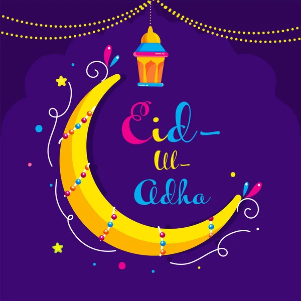 Eid Adha Font Crescent Moon Stars Lantern Hang Purple Background — Stockvector