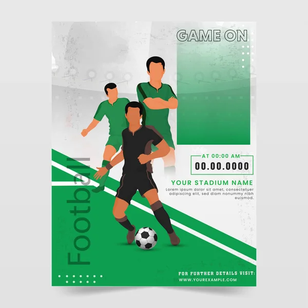 Football Flyer Template Design Faceless Footballer Players Action Pose Green — Stockvektor
