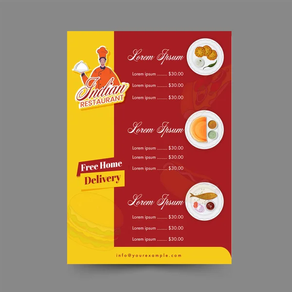 Indian Restaurant Menu Card Template Free Home Delivery Yellow Red — Stockvector