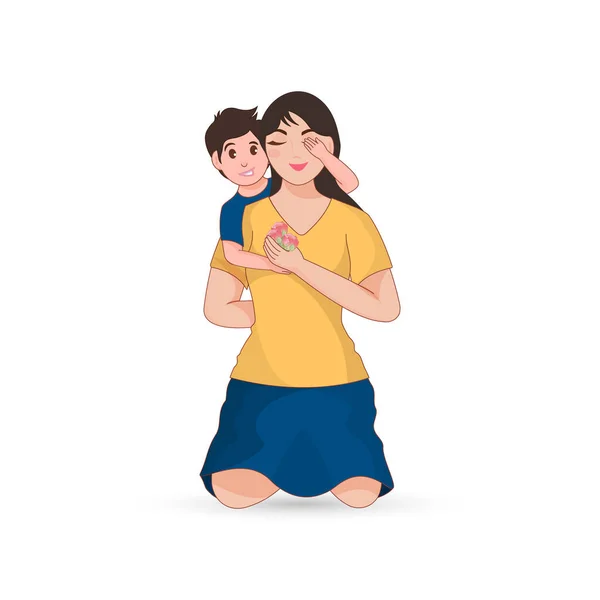 Cute Boy Covering His Mom Eyes Give Flowers White Background — Stock Vector