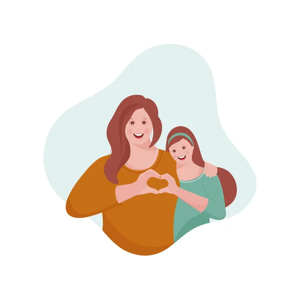 一个快乐的年轻女人 带着她的女儿在蓝白相间的背景下形成了一颗心 — 图库矢量图片