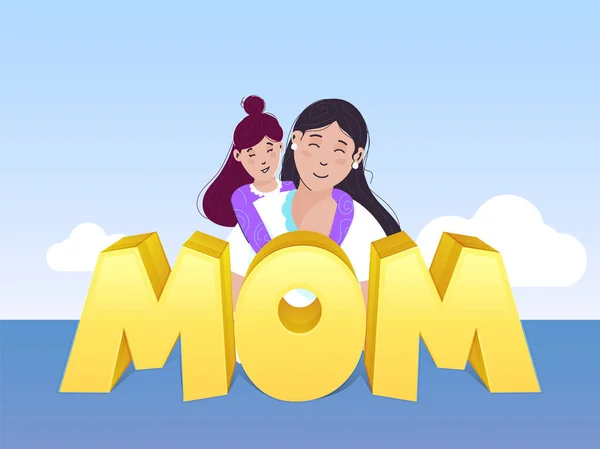 Golden Mom Font Young Girl Hugging Her Mother Blue Background — Stok Vektör