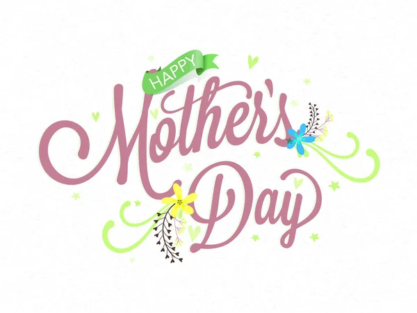 Happy Mother Day Lettering Flowers Tiny Hearts Stars Decorated White — 스톡 벡터