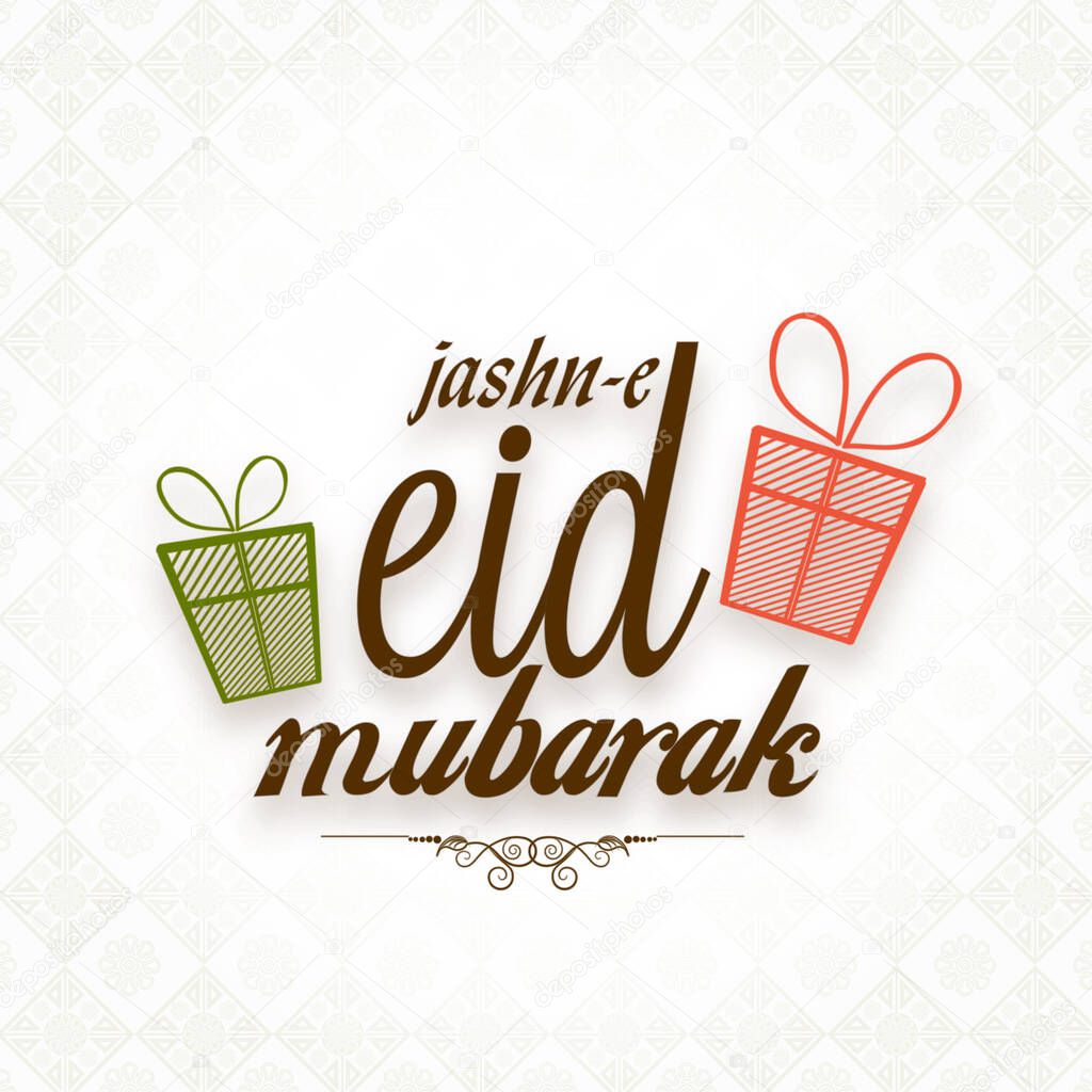 Jashn-E-Eid Mubarak Font With Gift Boxes On White Damask Pattern Background.