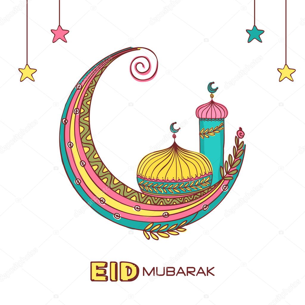 Eid Mubarak Greeting Card With Crescent Moon, Mosque, Stars Hang On White Background.
