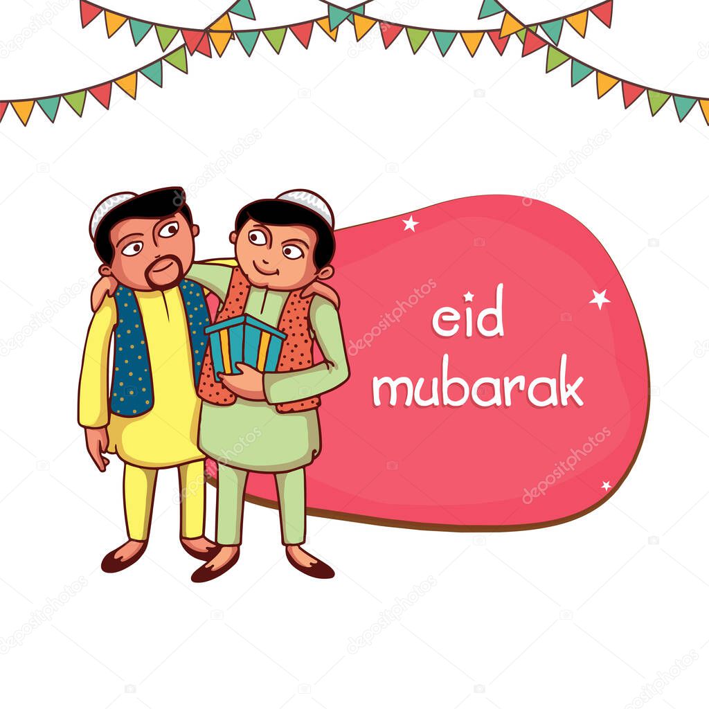 Islamic Young Men Hugging With Gift Box On The Occasion Of Eid Mubarak.