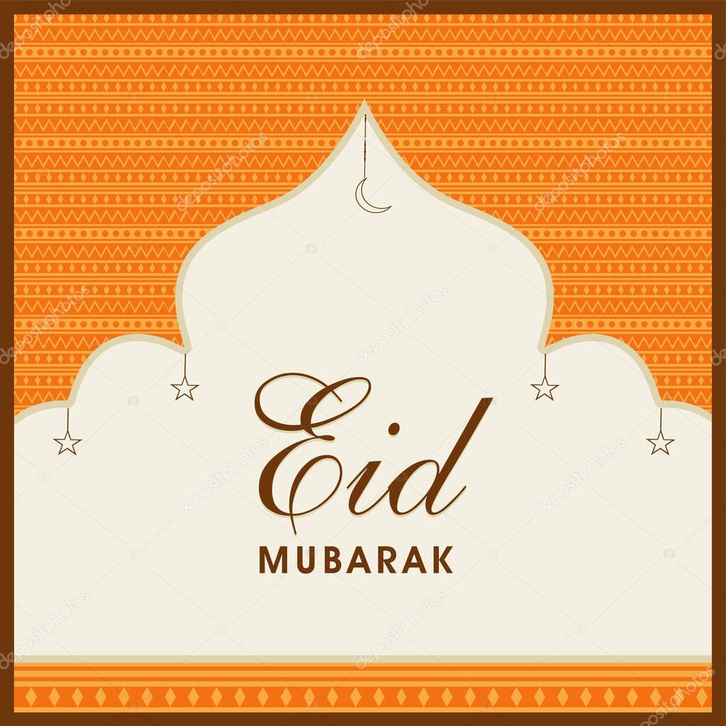 Eid Mubarak Greeting Card Or Poster Design In Orange And White Color.