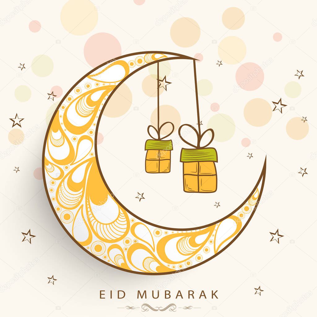 Eid Mubarak Celebration Concept With Crescent Moon In Paisley Arc Drops, Doodle Gift Boxes Hang And Stars Decorated On White Circles Background.