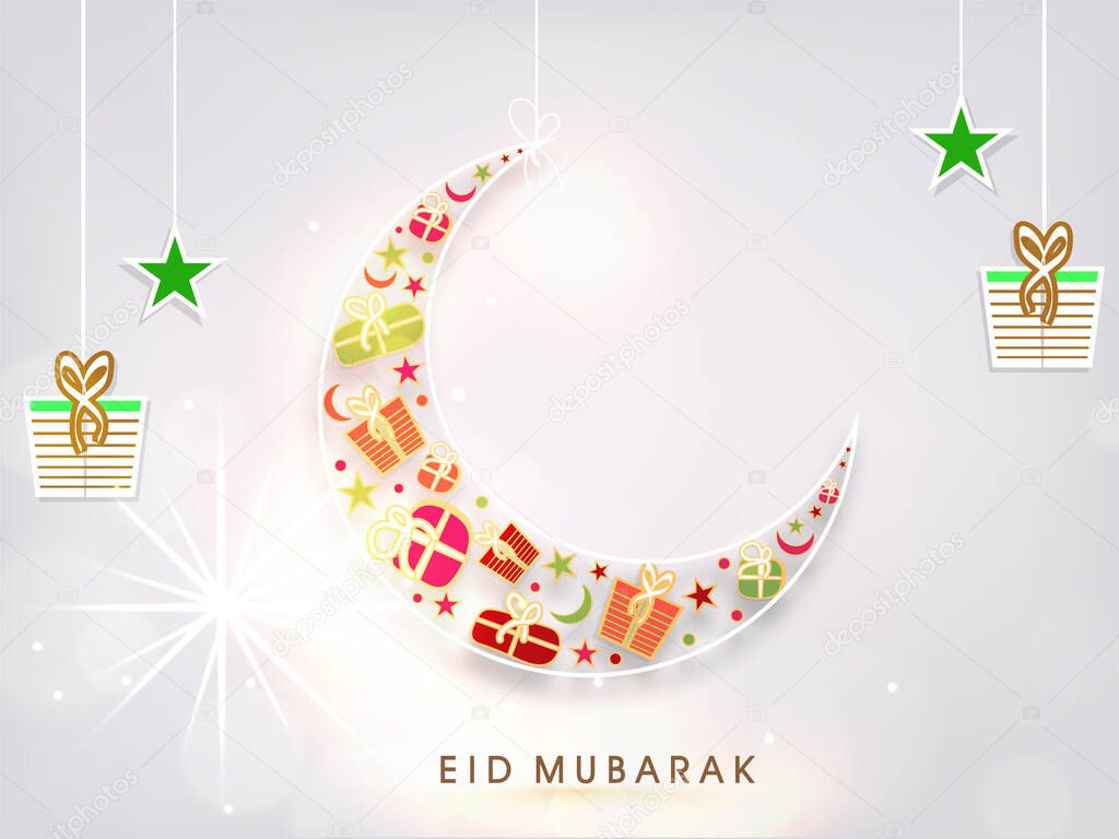 Eid Mubarak Celebration Concept With Crescent Moon Made By Gift Boxes, Stars On Gray Shiny Background.