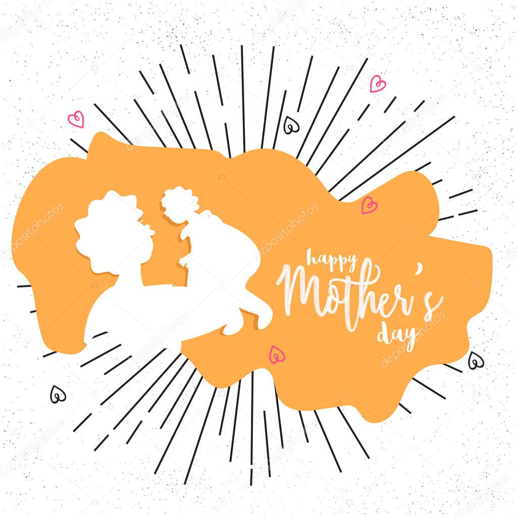 Happy Mother's Day Font With Paper Cut Female Playing Her Baby On Orange And White Rays Line Background.