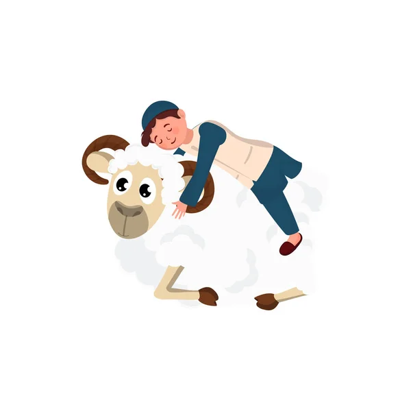 Illustration Arabian Young Boy Hugging Sheep White Background — Stock vektor