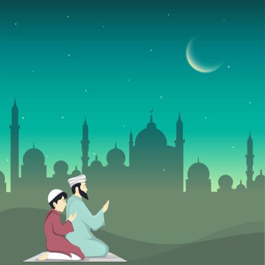 Müslüman Adam, Oğlu Namaz 'la İslami Festival Konsepti ve Turkuaz Arkaplan Üzerine Siluet Camii.