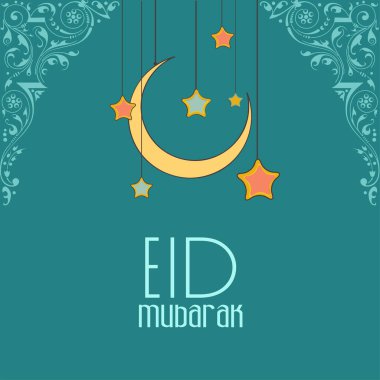 Asılan Hilal Ay 'la Bayram Mübarek Kutlama Kavramı, Karanlık Cyan Motifi Arkaplanındaki Yıldızlar.