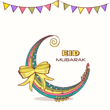 Eid Mubarak Greeting Card With Colorful Crescent Moon, Bow Ribbon And Bunting Flags On White Background. clipart
