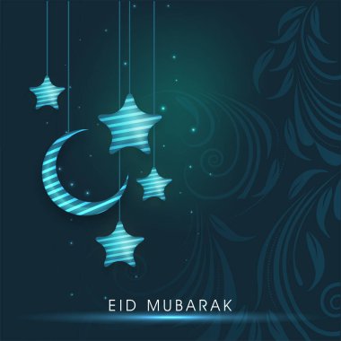 Bayram Mübarek Poster Tasarımı Asılı Hilal Ay, Yıldızlar Teal Işığı Efekti Arkaplanında.