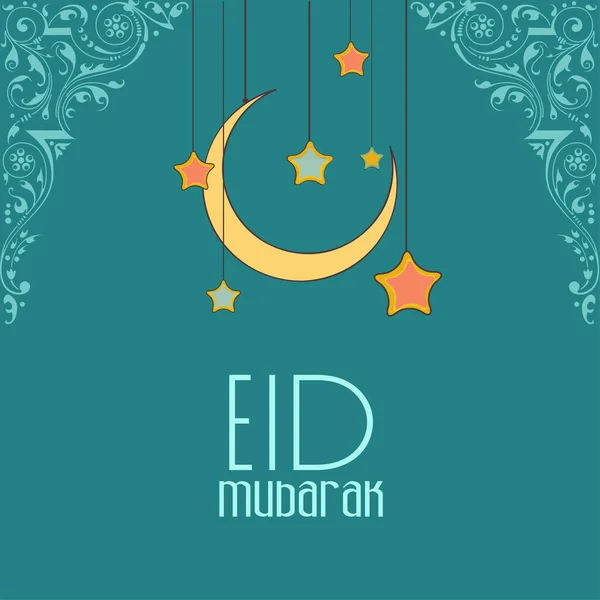 Eid Mubarak Celebration Concept Hanging Crescent Moon Stars Decorated Dark — Vetor de Stock