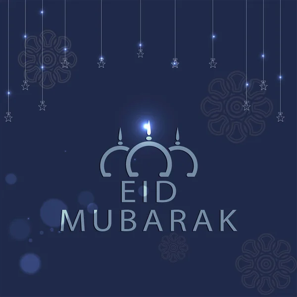 Eid Mubarak Font Mosque Dome Linear Stars Hang Blue Lights — Stok Vektör
