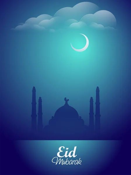 Eid Mubarak Flyer Design Silhouette Mosque Crescent Moon Glossy Blue — Stock vektor